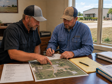 Business property private water well planning with a property owner and Texas Southern Drilling professional driller reviewing site details.
