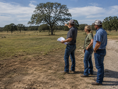 Rural Texas landowners and a water well contractor reviewing site plans on open property for water well planning for new home build.