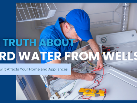 Technician repairing a home appliance damaged by hard water from wells, highlighting the impact of mineral buildup on household systems.
