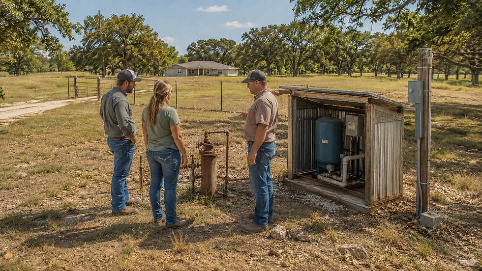 Buying rural land Fayette County water access inspection with buyers reviewing an old rusty existing water well on a rural Texas property.
