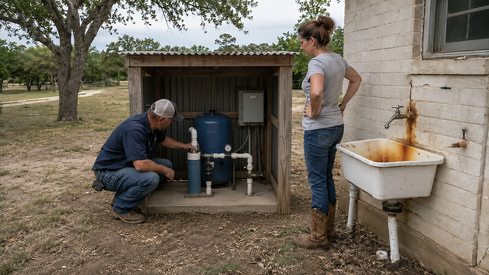 Technician inspecting a protected well pump system in a rural Texas pump shed beside a home with orange stains from well water visible on an outdoor utility sink.