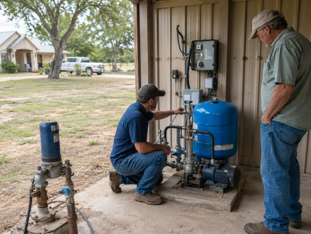 Technician inspecting a rural Texas pump and pressure tank to decide whether to repair or replace well system