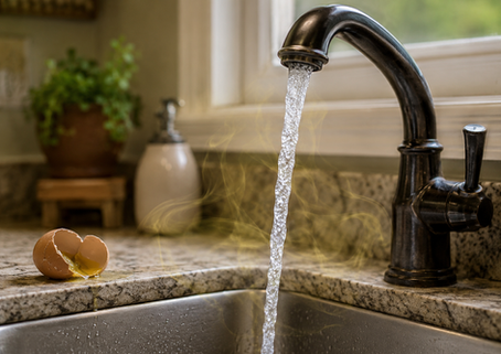 Well water smells like rotten eggs from a running kitchen faucet with sulfur odor.