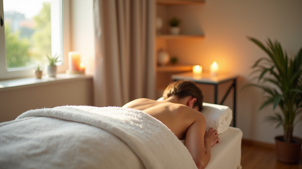 Eye-level view of a calm massage therapy room