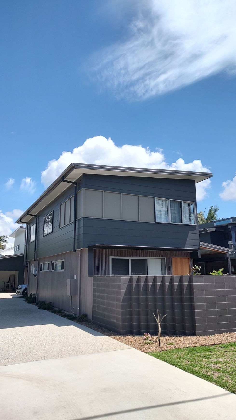 Modern duplex development in Suffolk Park near Byron Bay with two-storey coastal design and private entries