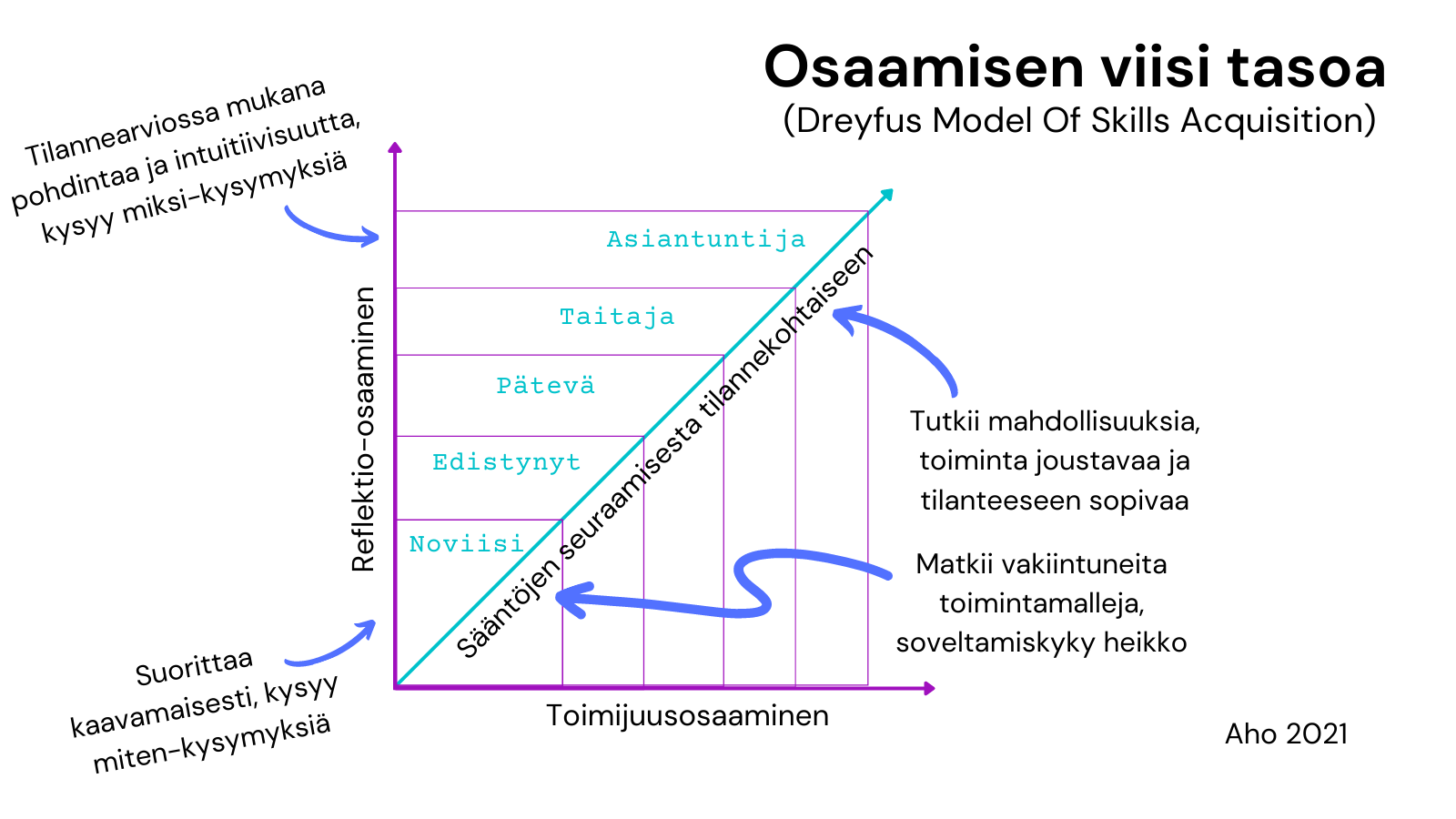 Osaamisen tasot: Noviisi, edistynyt, pätevä, taitaja ja asiantuntija