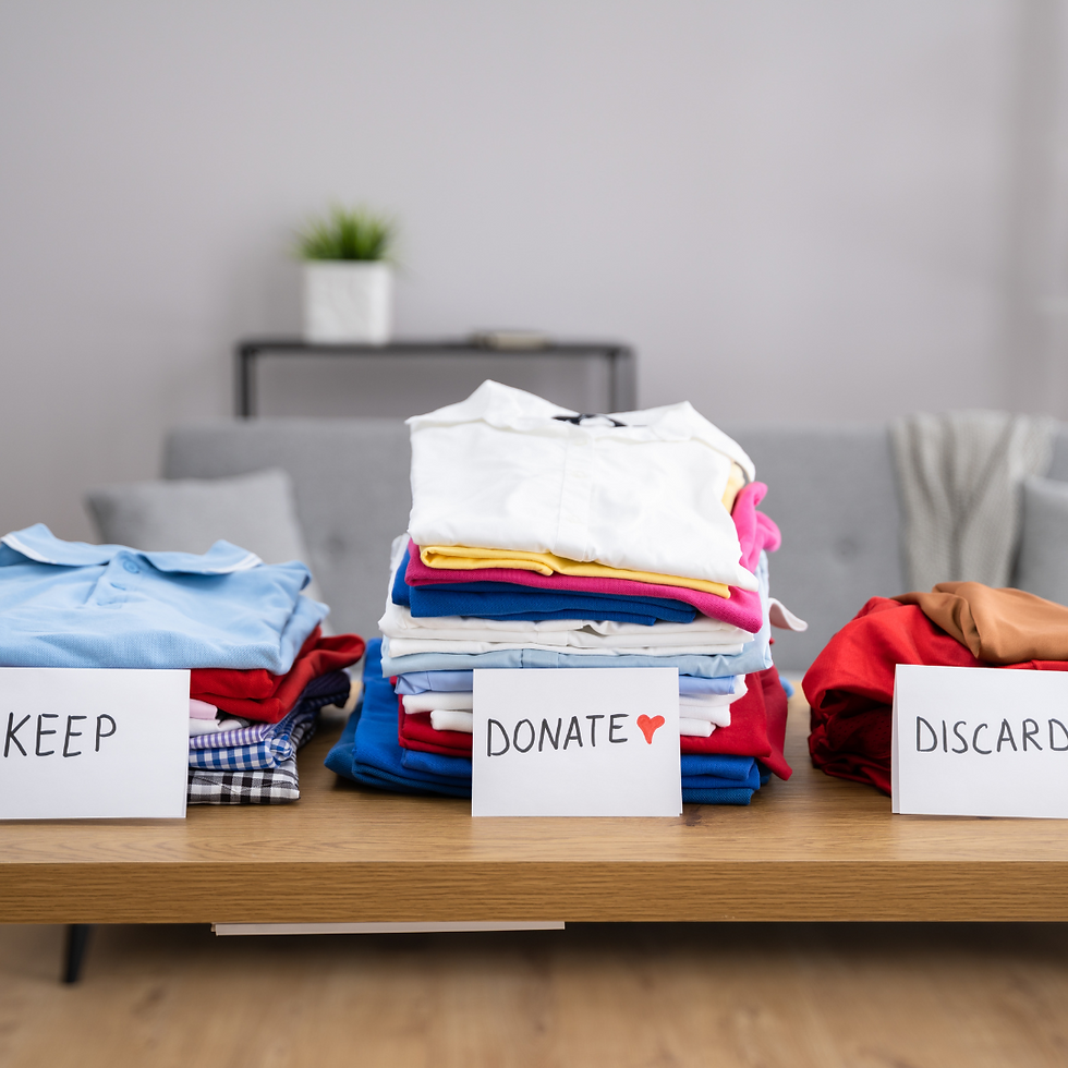 Piles of donation, keep or discard clothes