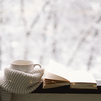Coffee mug and book by a window with snow in the background