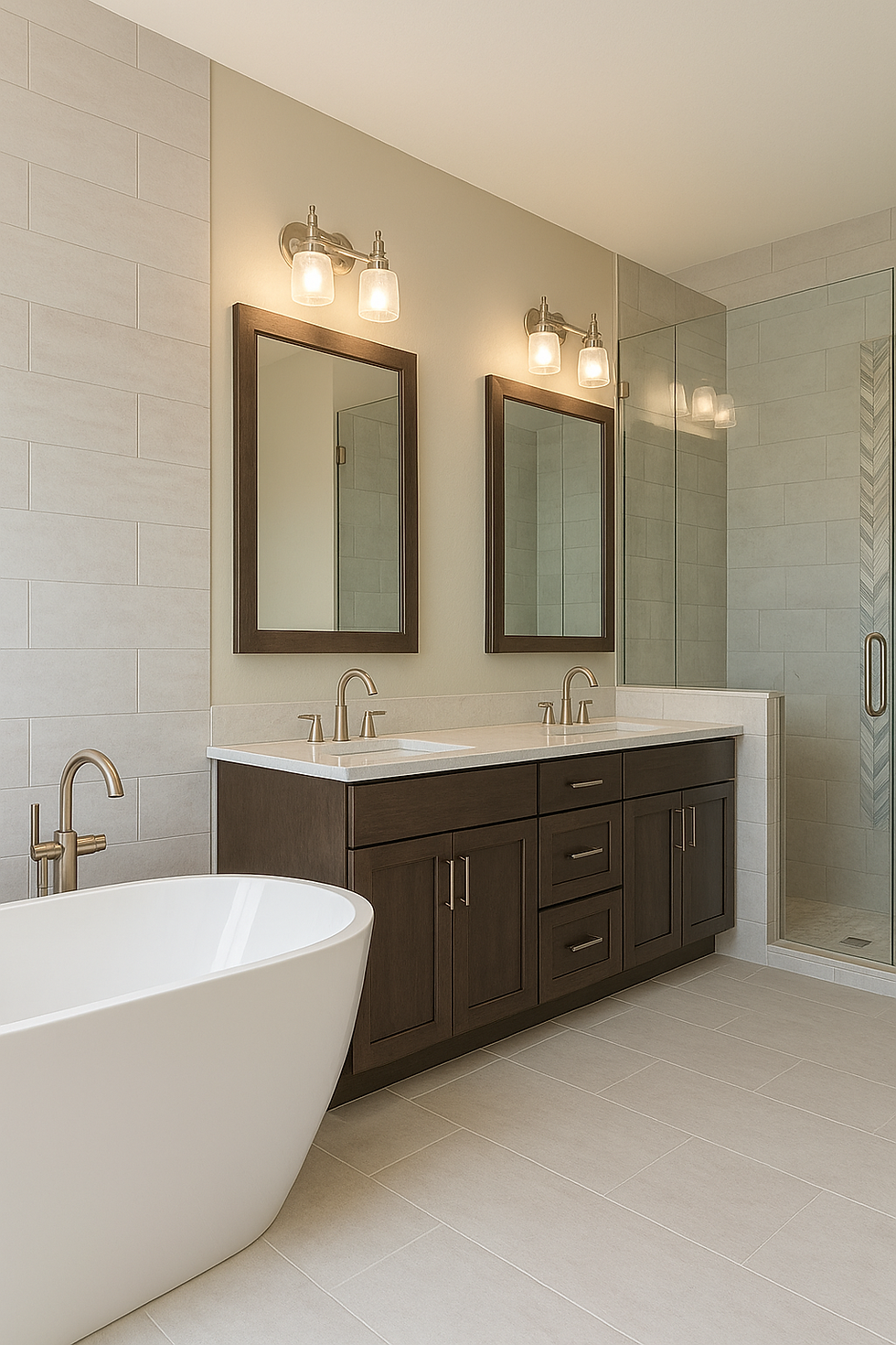 Modern bathroom remodel featuring a freestanding tub, double vanity, and elegant tile work.