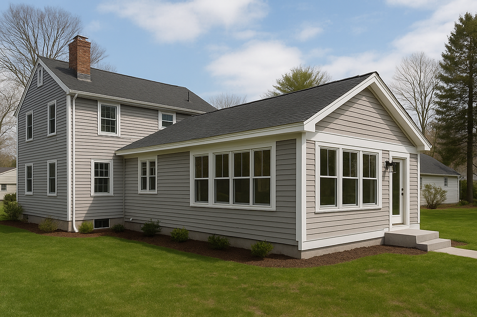 Modern home with a new family room addition connected to the original structure.