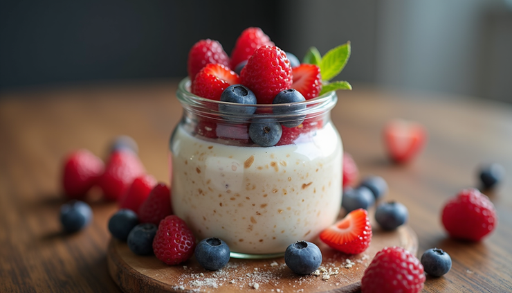 Close-up view of a jar filled with creamy berry vanilla overnight oats topped with fresh mixed berries