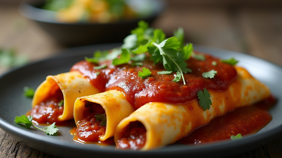 Close-up view of plant-based enchiladas topped with homemade sauce