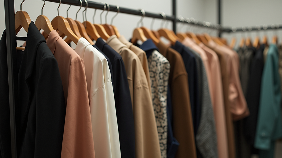 Eye-level view of a clothing rack displaying a variety of stylish outfits