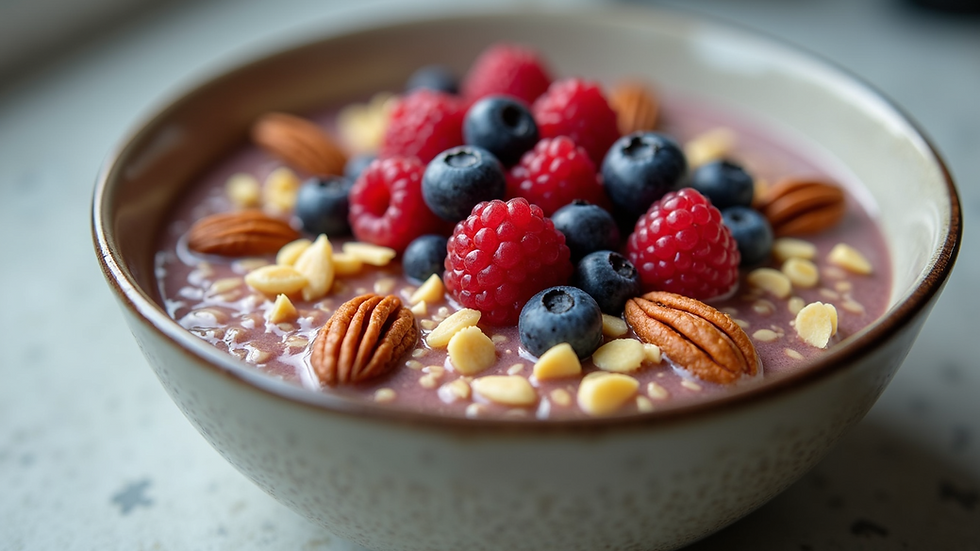 Close-up view of a bowl of colorful overnight oats topped with fresh berries and nuts