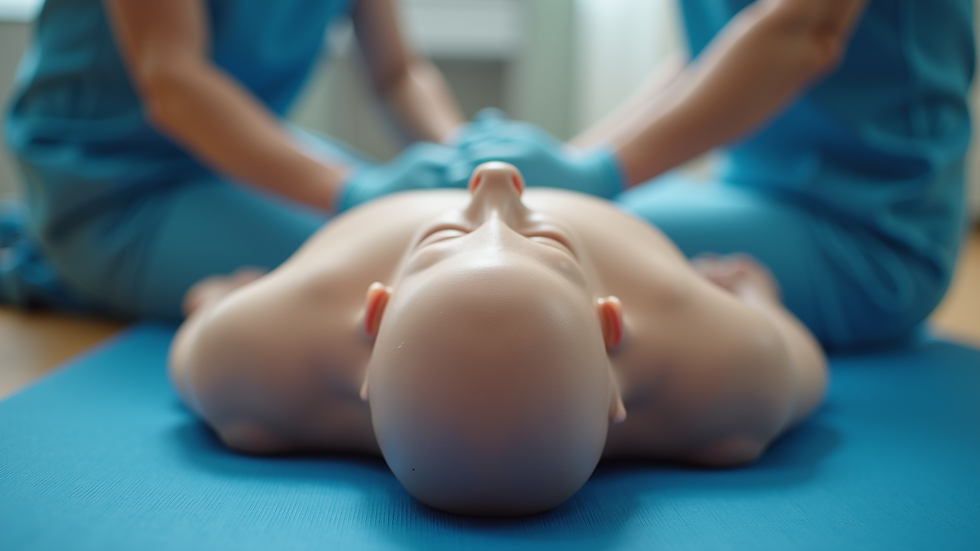Close-up view of CPR training equipment on a blue mat