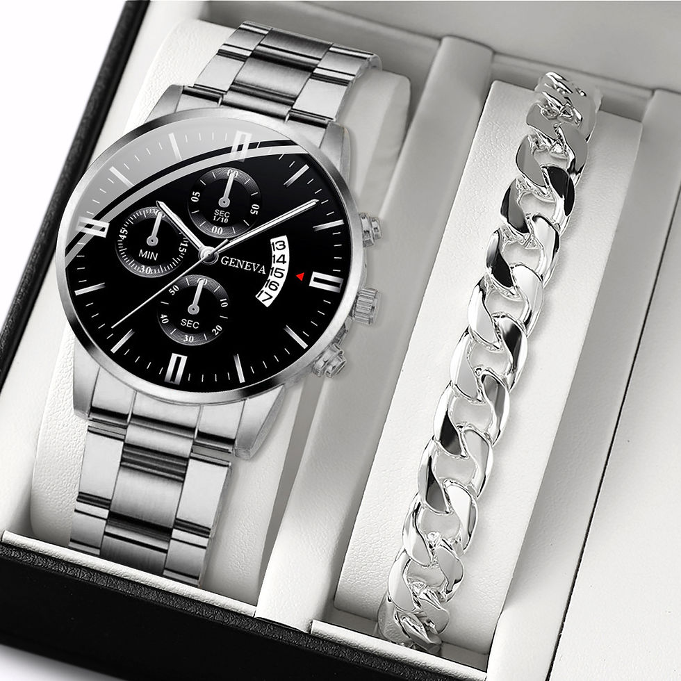 Thumbnail: 2PCS Men Business Watches Fashion Steel Band Quartz Watch Male Calendar Watch Br
