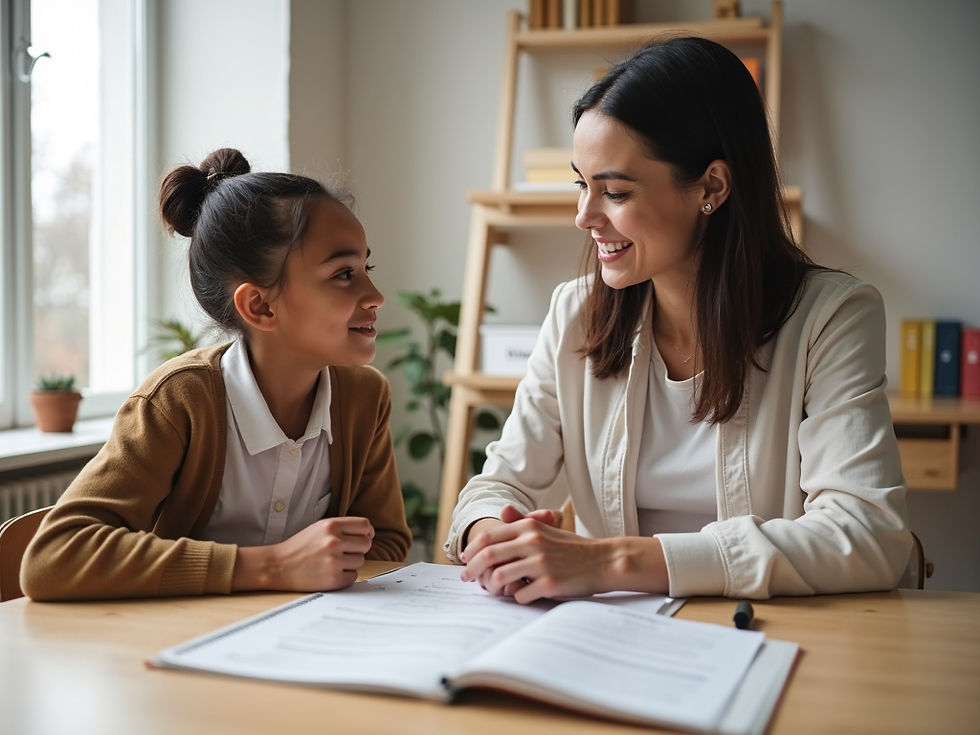 A young girl student sitting at a table with her work looks at her teacher, both are smiling,