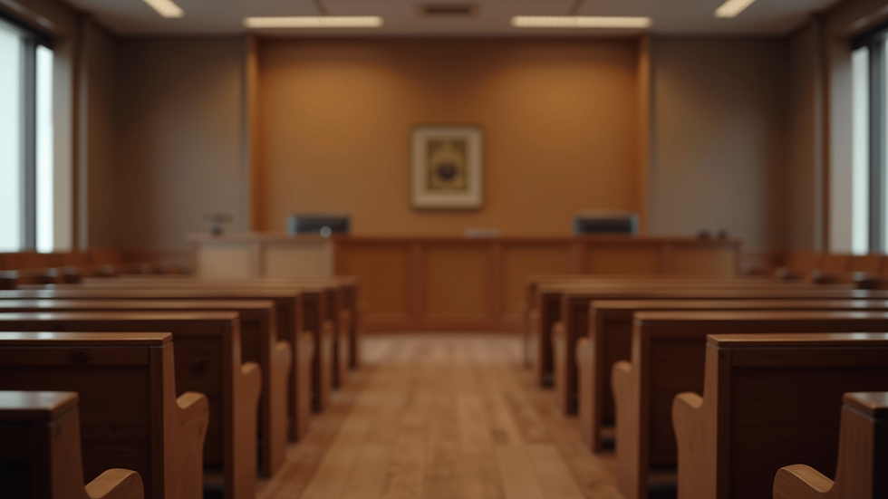 Close-up view of a courtroom with empty benches