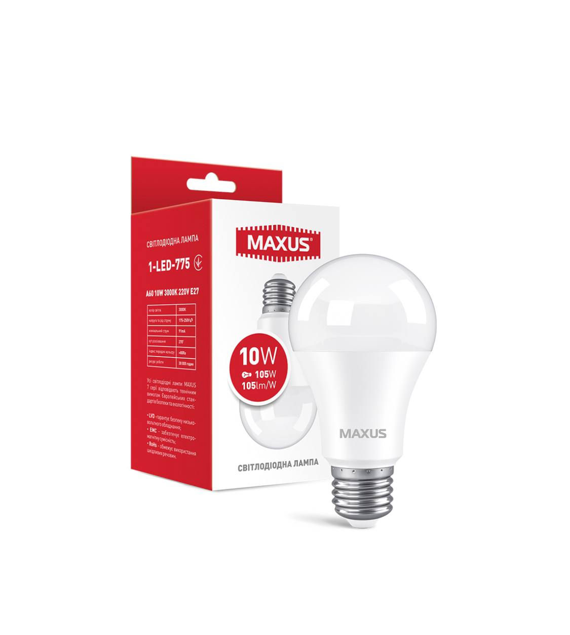 Лампа світлодіодна MAXUS 1-LED-775 A60 10W 3000K 220V E27