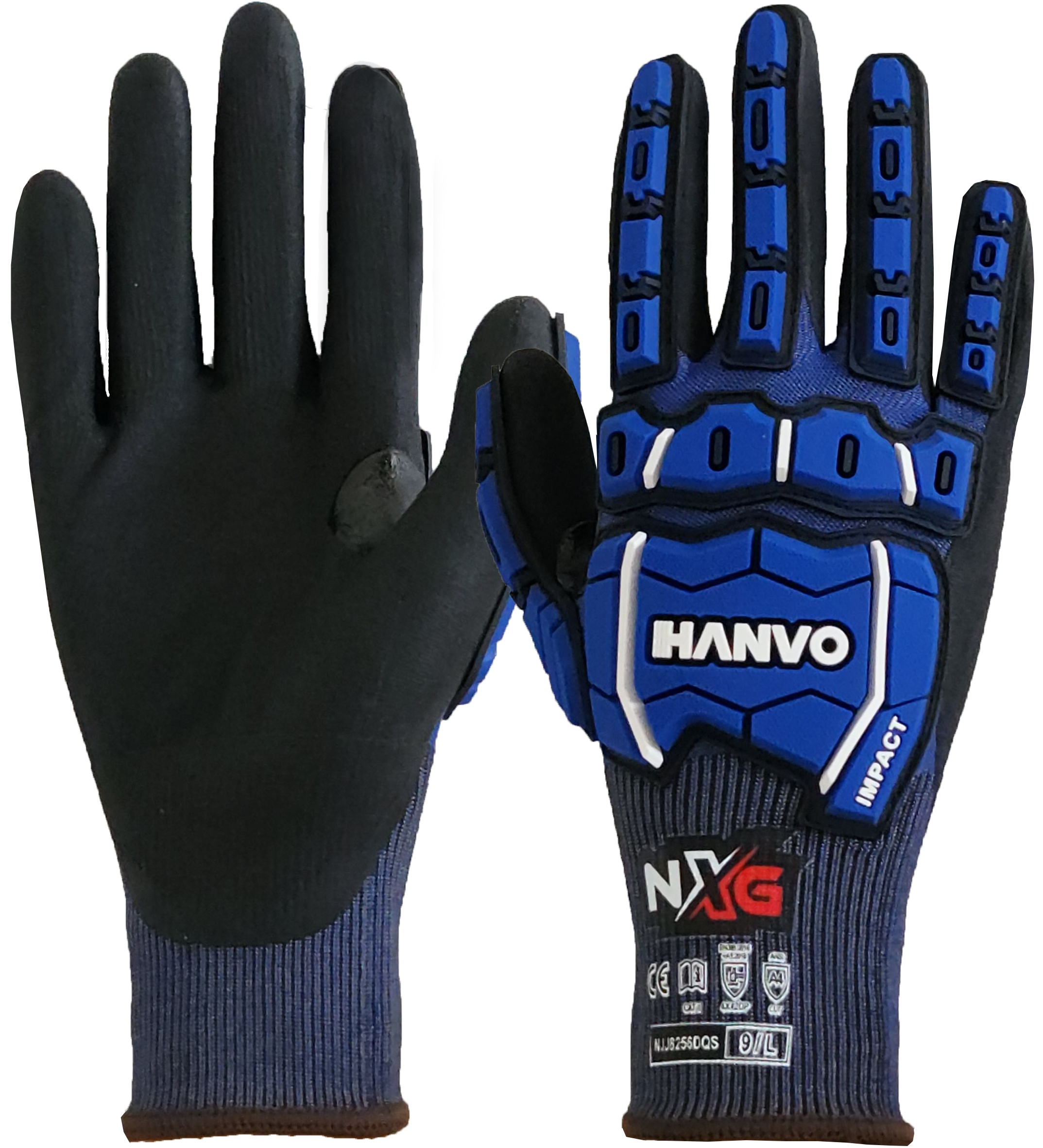 HANVO NXG METALQ 베임방지 A4 협착장갑, 검정색과 파란색 조합의 보호 장갑, 안전 관련 제품.