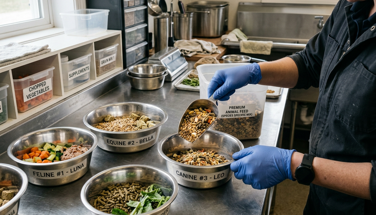 Close-up of gloved hands preparing measured animal feed in a care area.