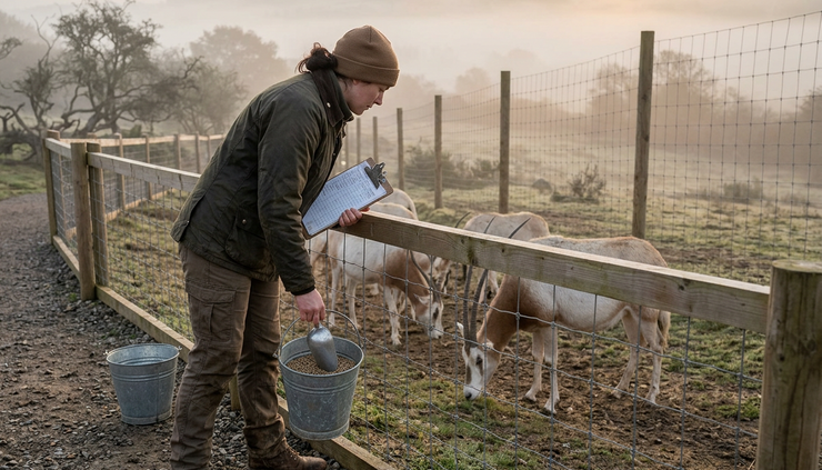 Wide-angle view of an animal keeper checking a natural enclosure at sunrise.