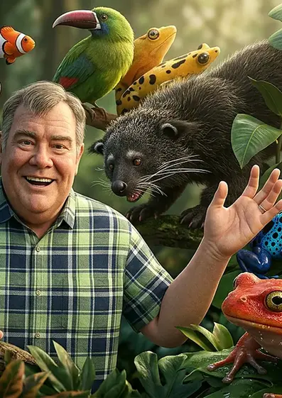 رجل محاط بحيوانات غريبة وشعار Animal Insights