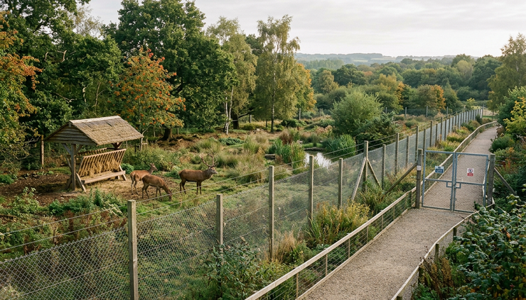 Wide-angle view of a zoo habitat with secure fencing and natural planting.