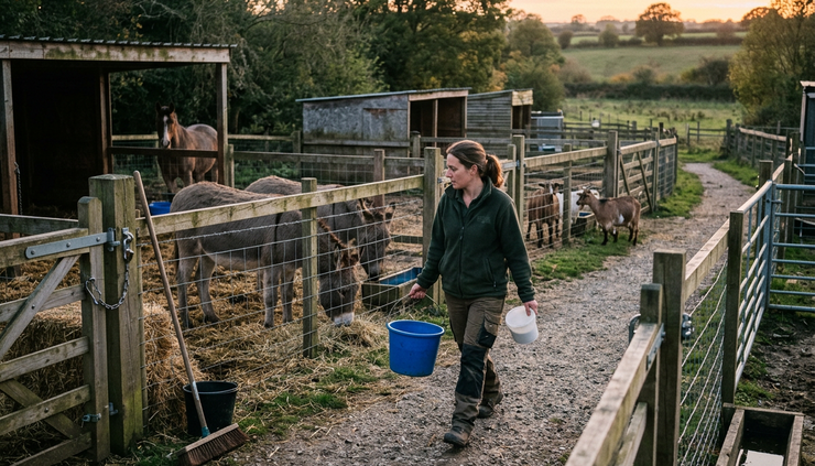 Wide-angle view of a rescue centre worker walking along outdoor animal enclosures in soft evening light.