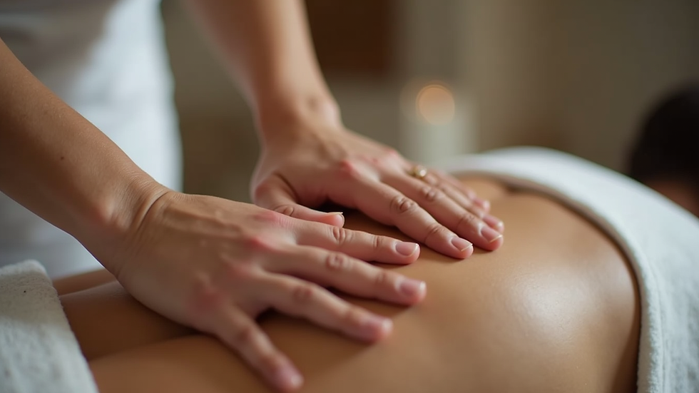 Close-up view of a massage therapist's hands working on a person's shoulder