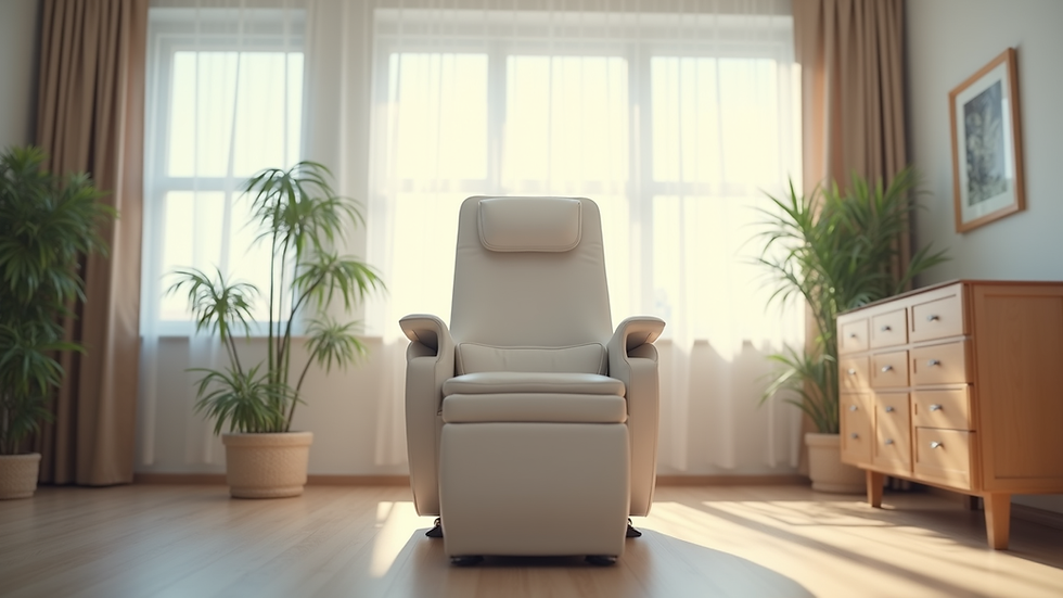 Eye-level view of a massage chair in a bright office room