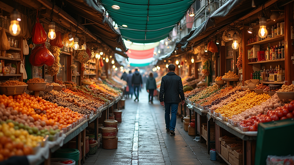 High angle view of a vibrant marketplace filled with diverse products
