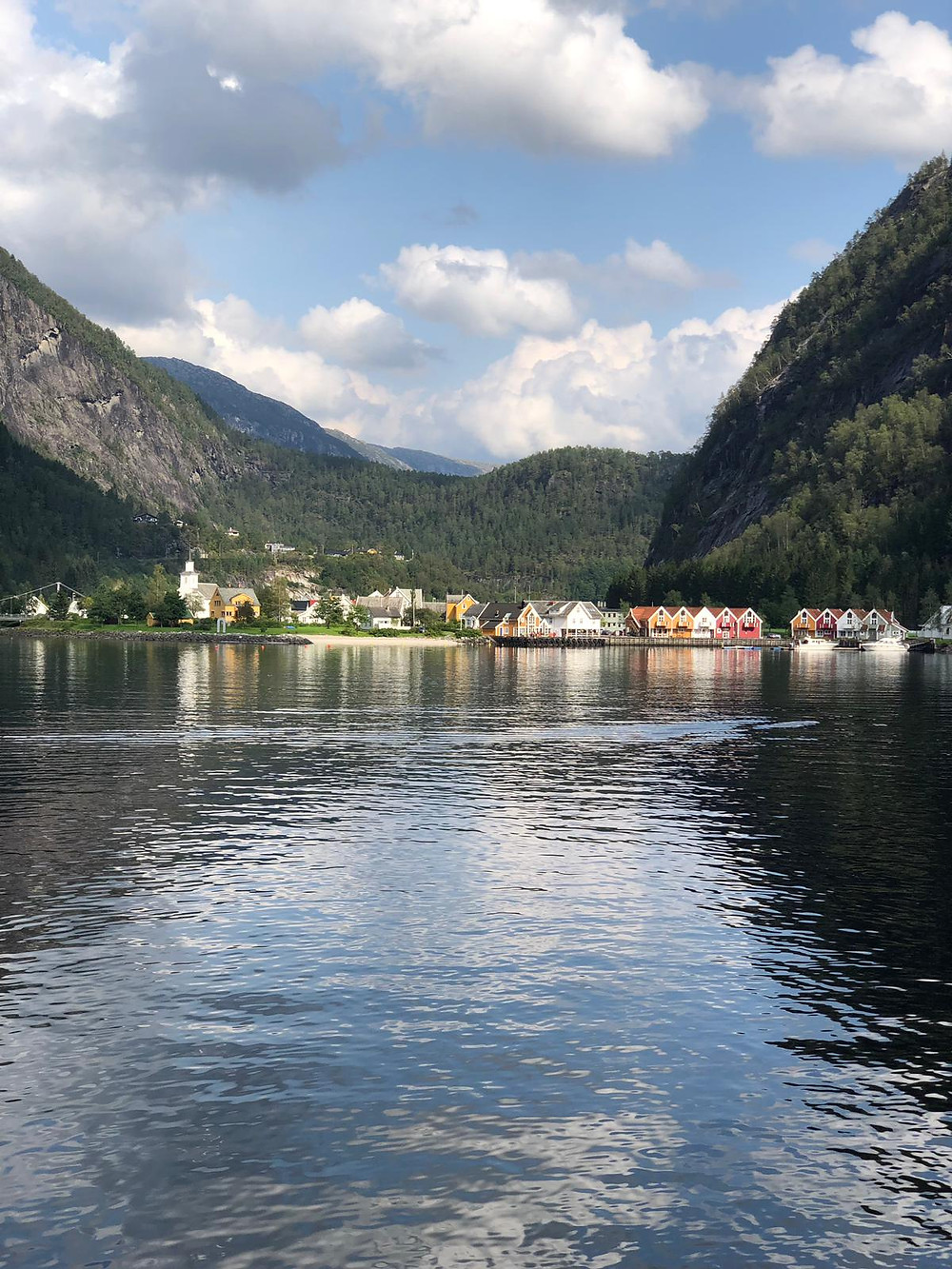 An image of a fjord, with a village in the background