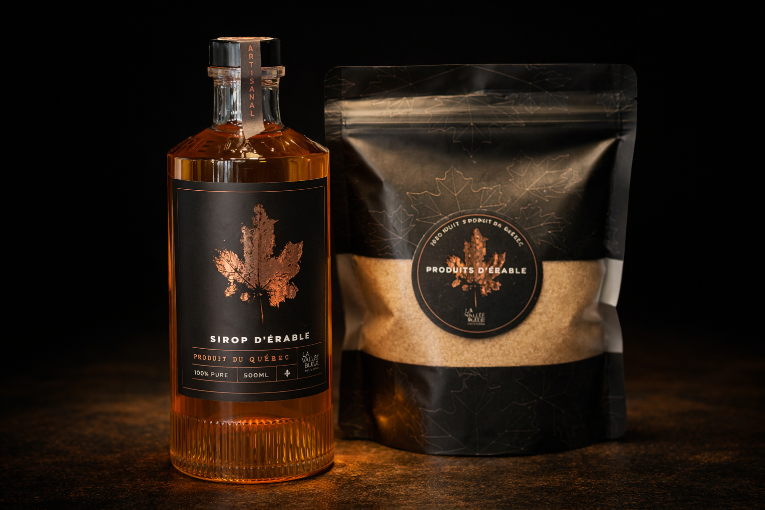 Ensemble cabane à sucre du Québec avec sirop d’érable et sucre d’érable Distillerie La Vallée Bleue