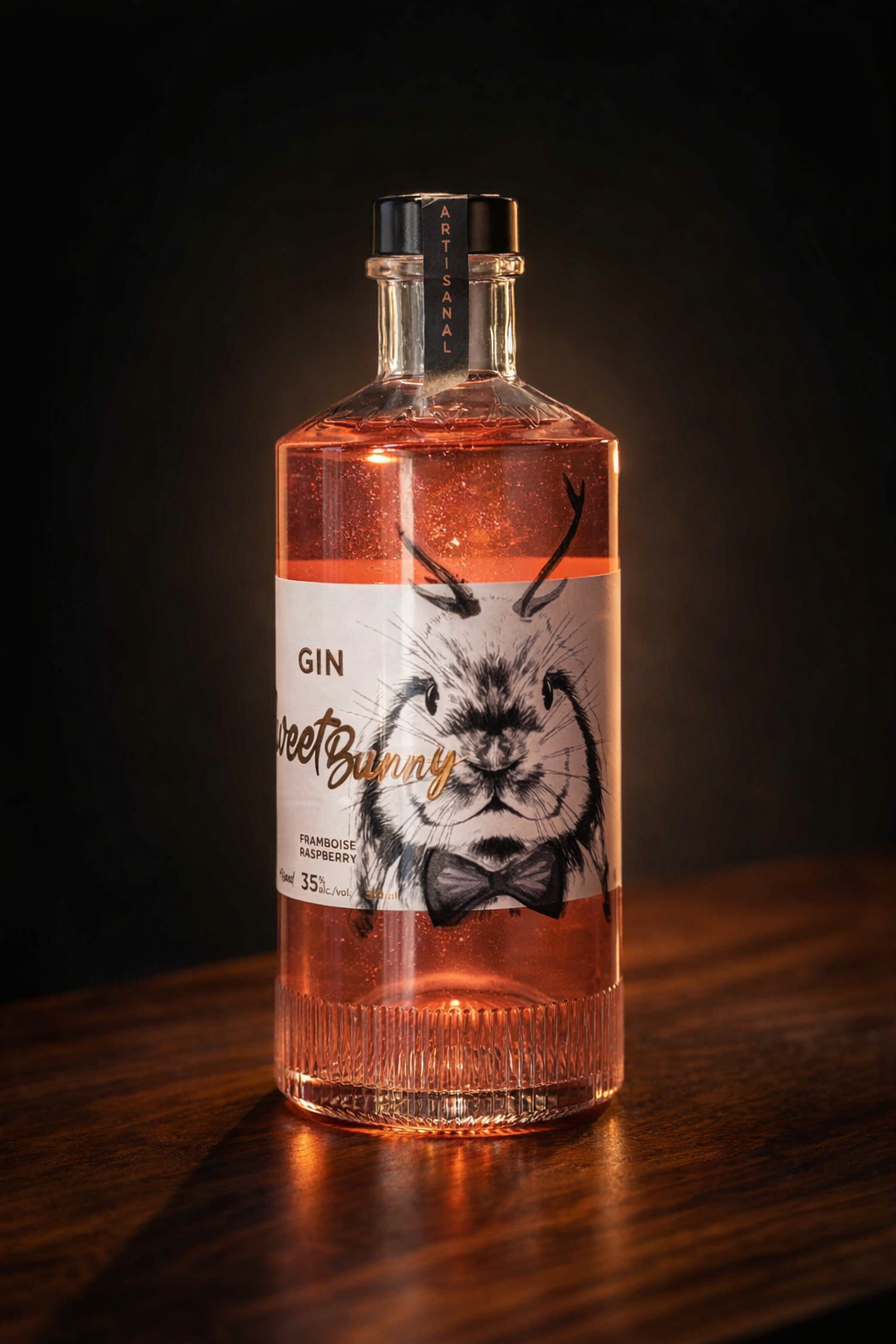 Bouteille de gin Sweet Bunny framboise sur fond sombre avec éclairage chaud, style produit haut de gamme