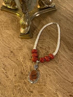 Handcrafted Dyed Cultured Pearls with Coral Beads and .925 Natural Stone Pendant