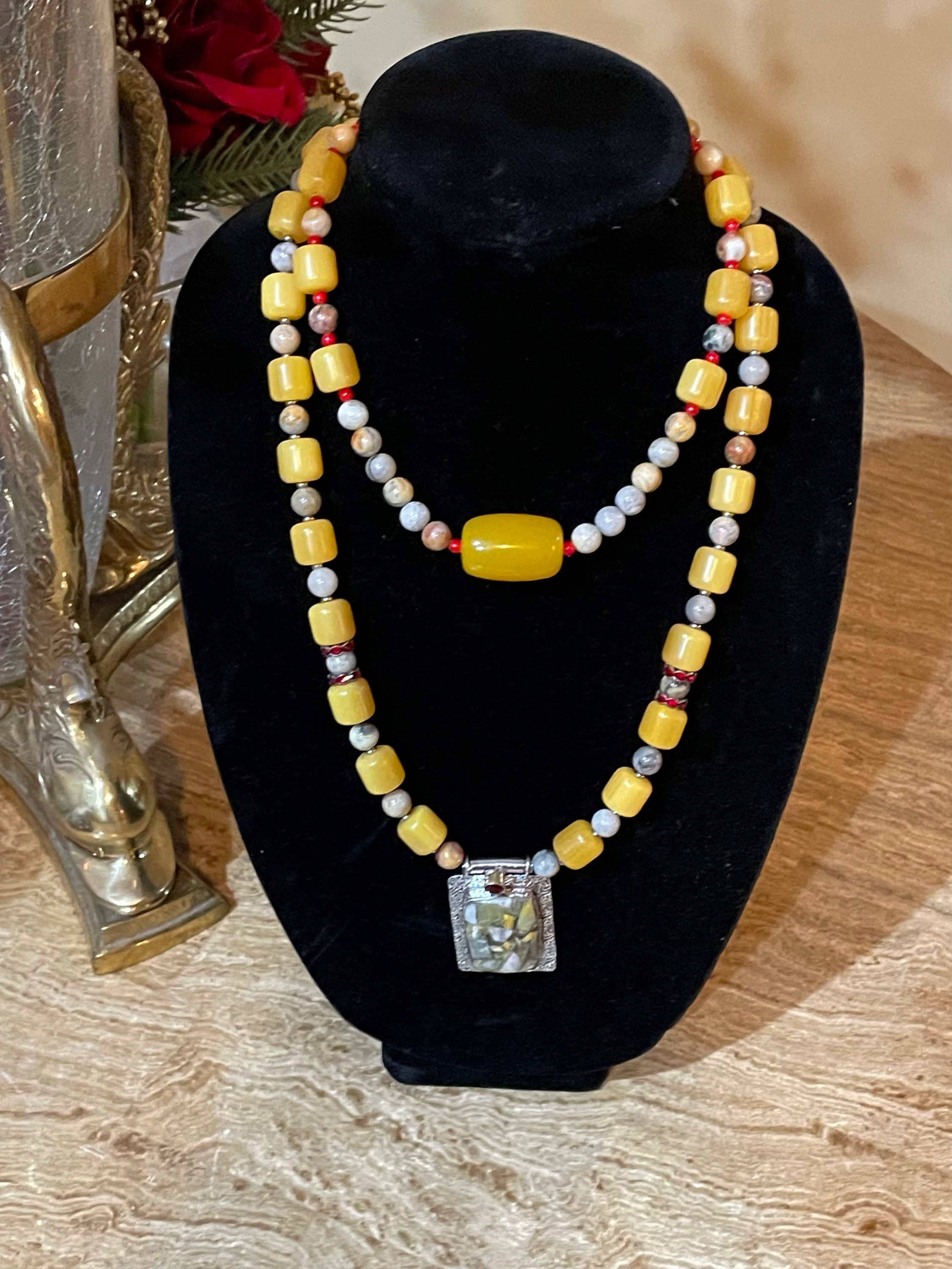 Handcrafted Yellow Amber Resin Drum Bead Necklace