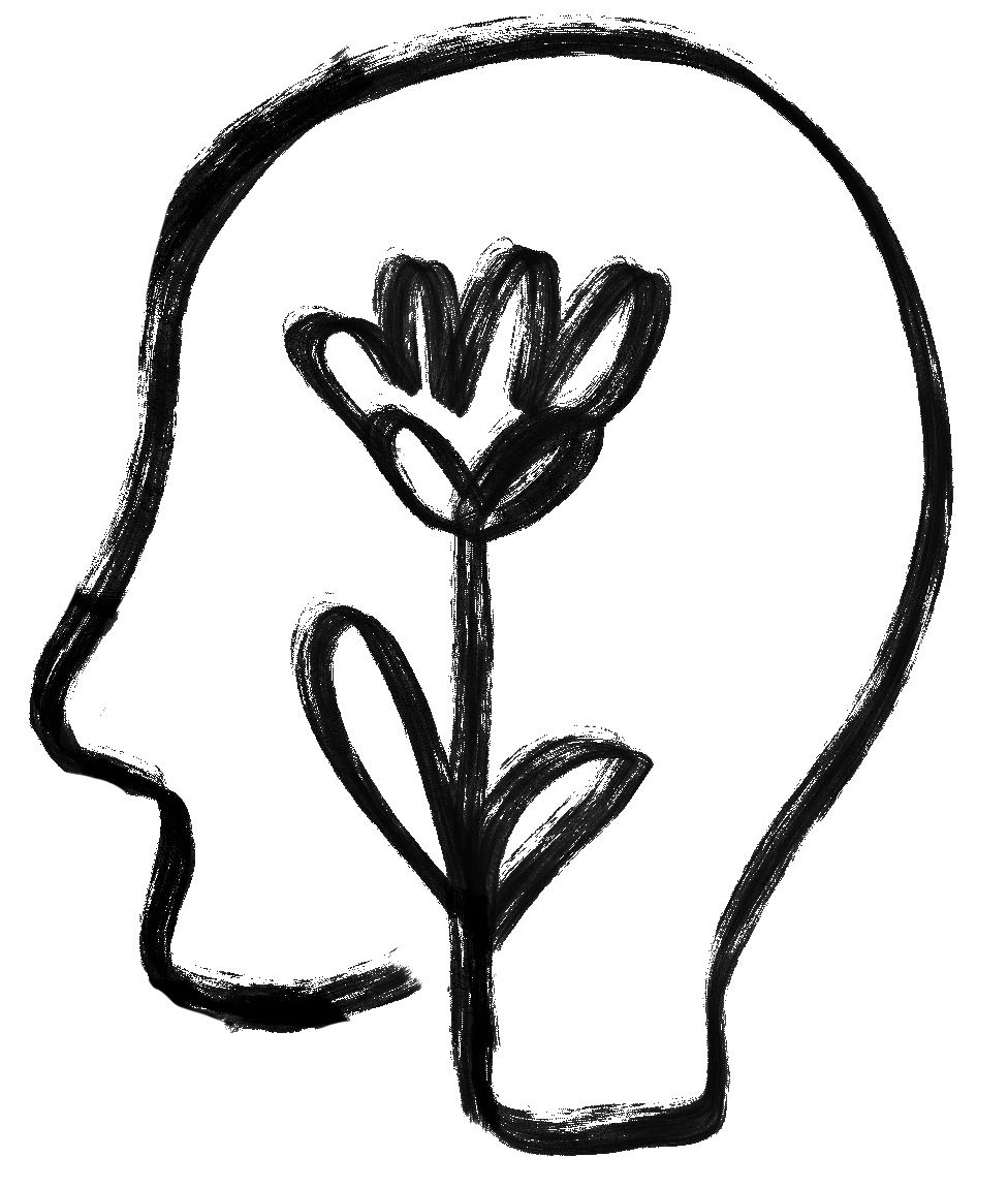 A sketch of a flower inside the profile of a human head.