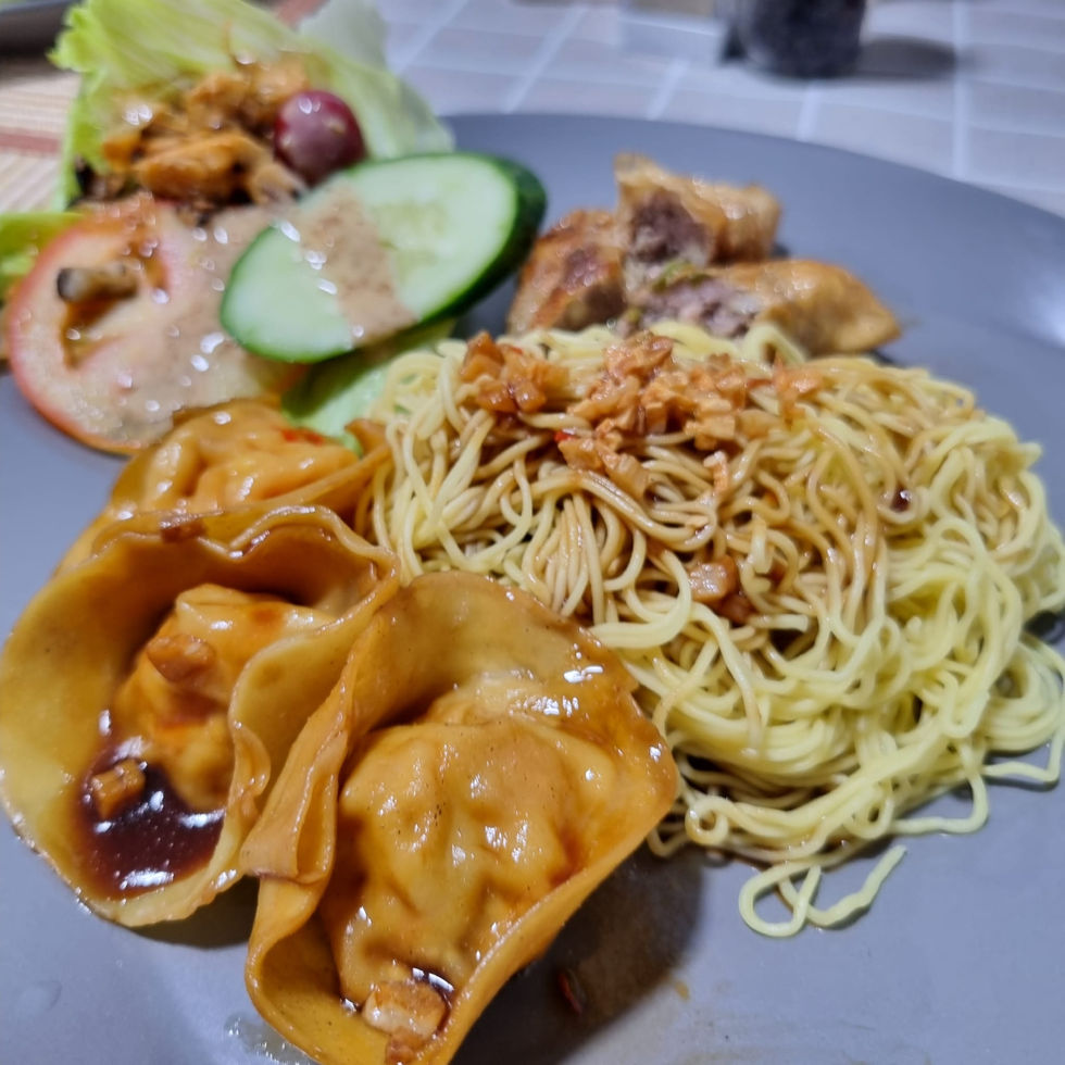 Wanton and meat roll with noodle