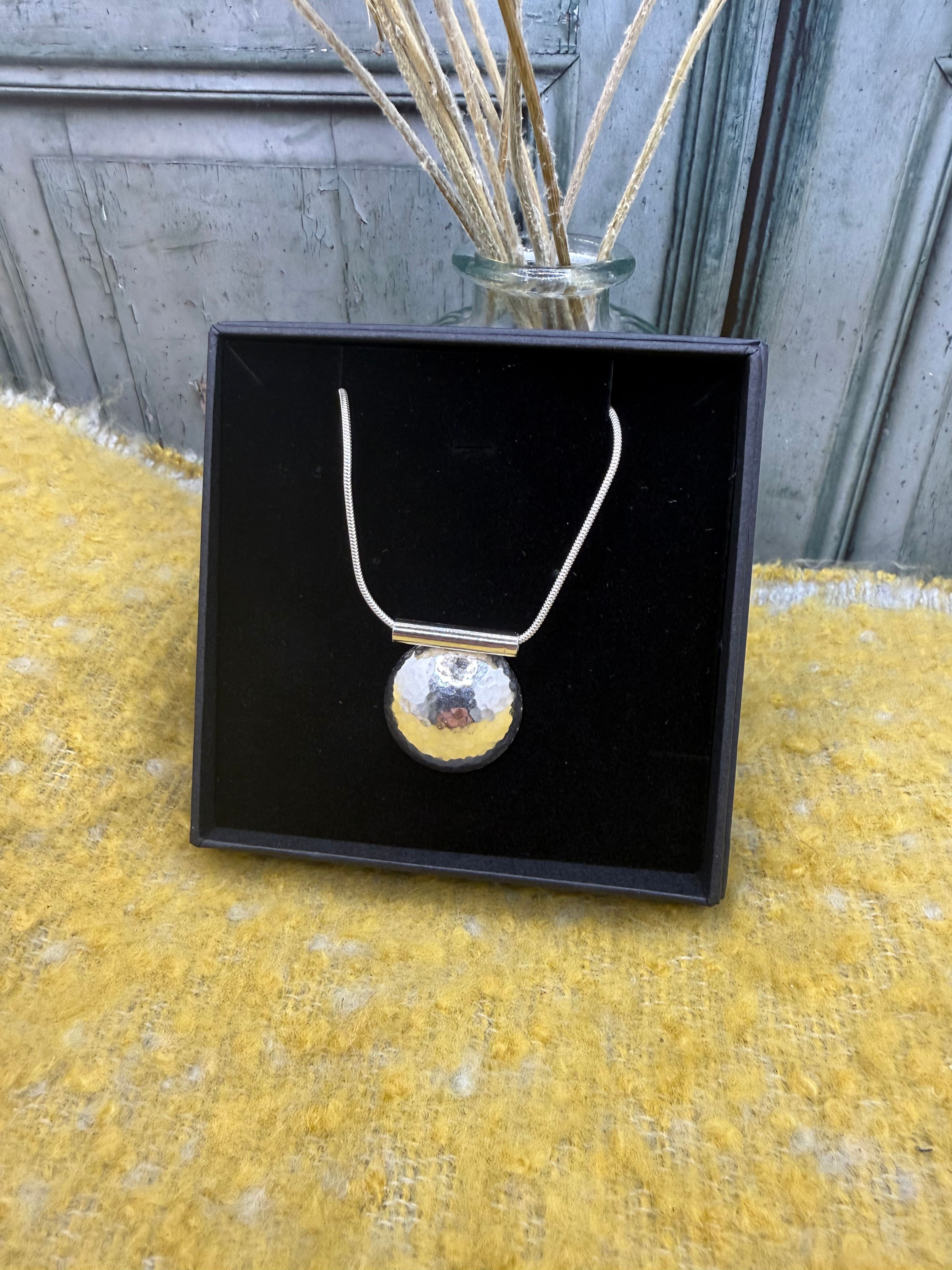 Hammered large silver dome pendant