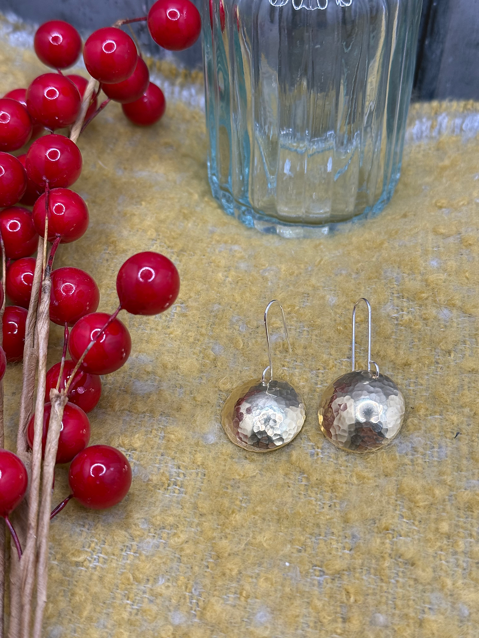 Thumbnail: Hammered large brass dome disc earrings