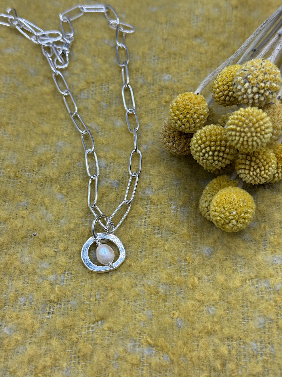 Thumbnail: Sterling Silver paperclip chain link necklace with silver halo and pearl pendant