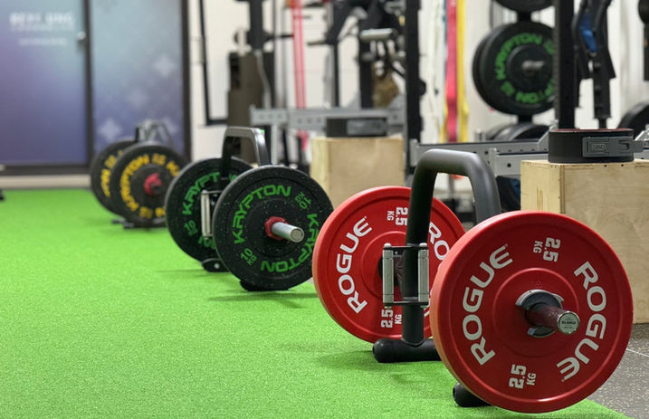 自由重量草皮區，槓片整齊排列在側邊