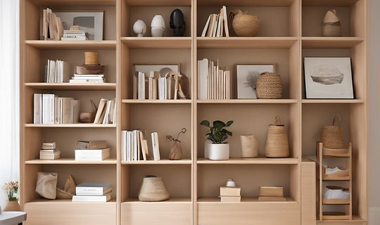 organised living room book shelf clean and organised, neutral tones.jpg