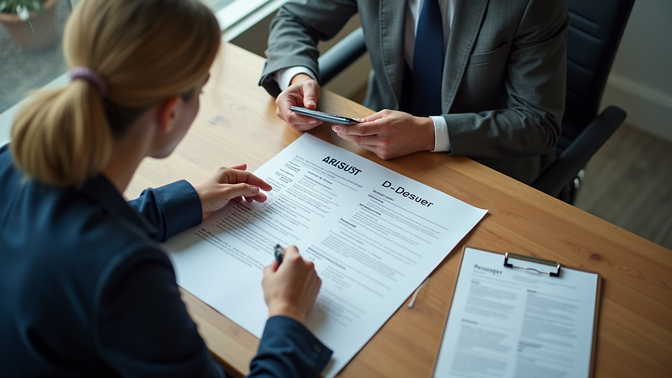 High angle view of a recruiter reviewing resumes at a desk