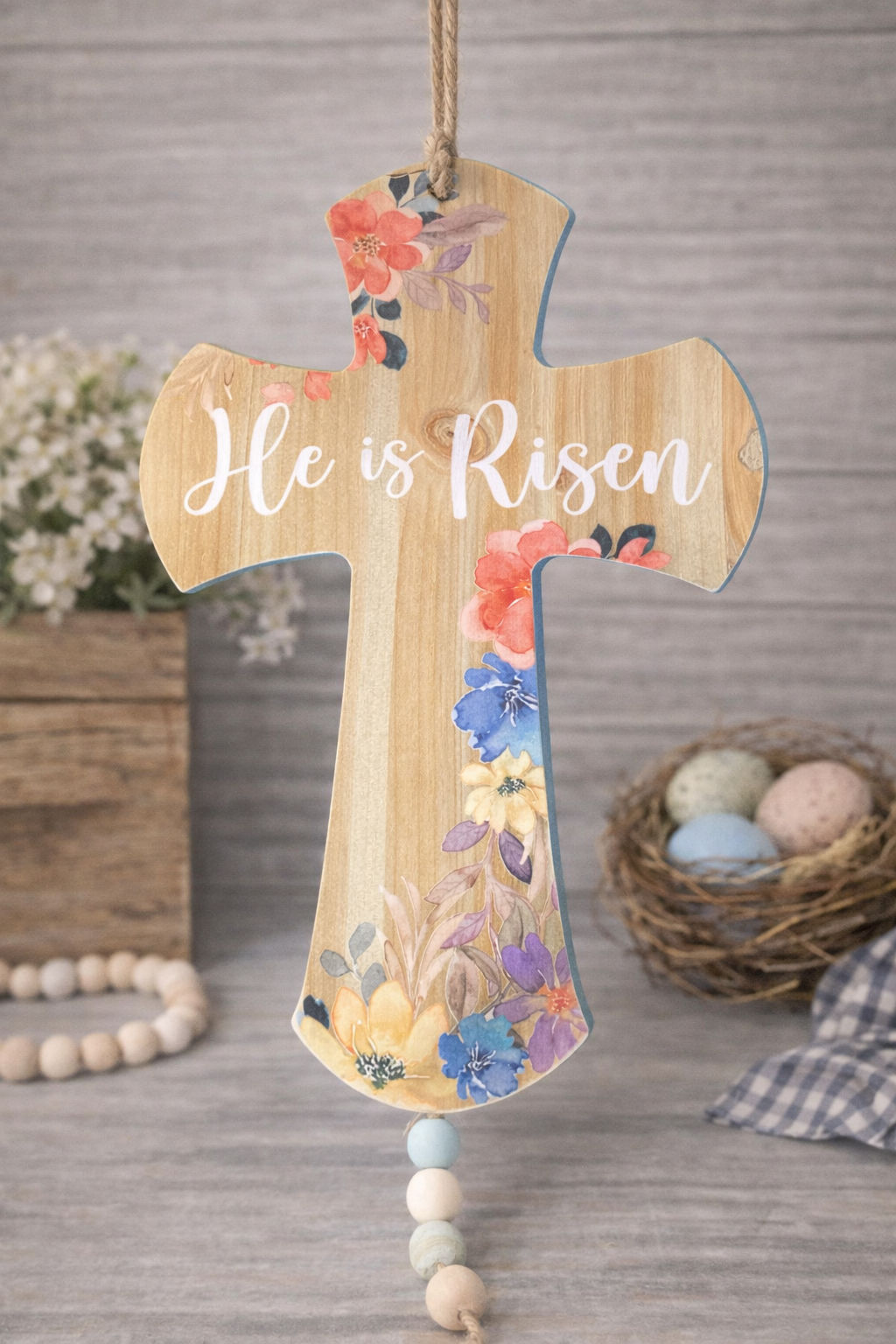 He is Risen Floral Cross Sign 