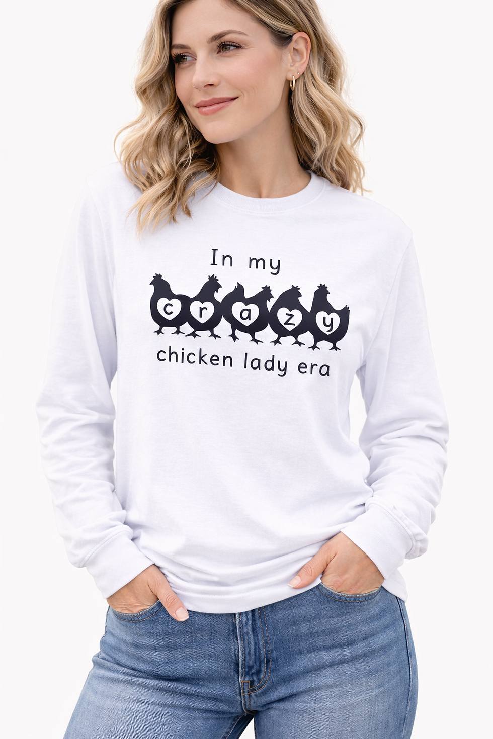Thumbnail: In My Crazy Chicken Lady Era white long sleeve shirt, chicken lady graphic tee