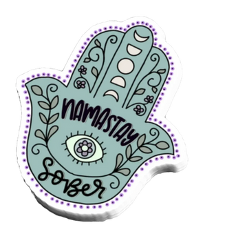 Sticker in Teal with text NAMASTE SOBER