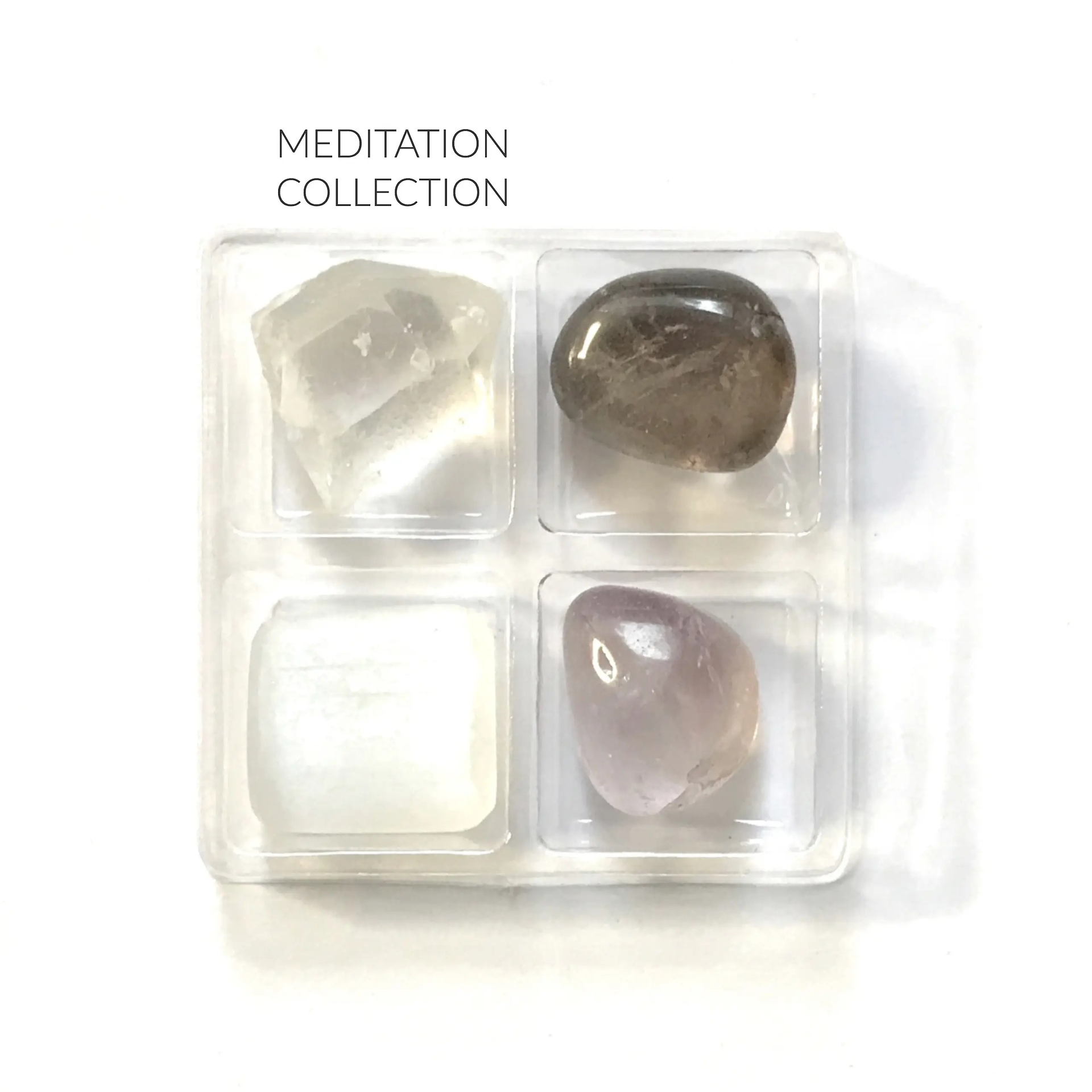 Meditation Crystal Collection including Quartz Point, Smoky Quartz, Selenite, and Amethyst