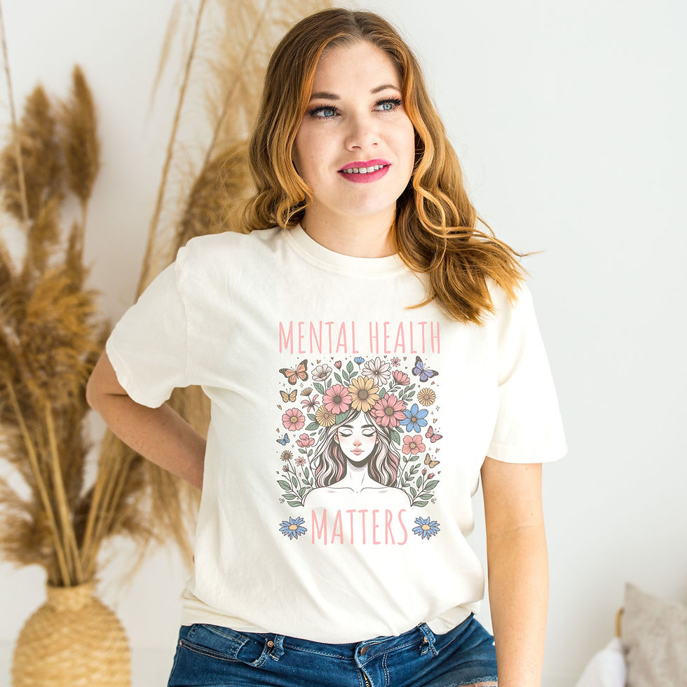 Thumbnail: woman wearing cream colored shirt with colorful flowers and butterflies "Mental health matters"